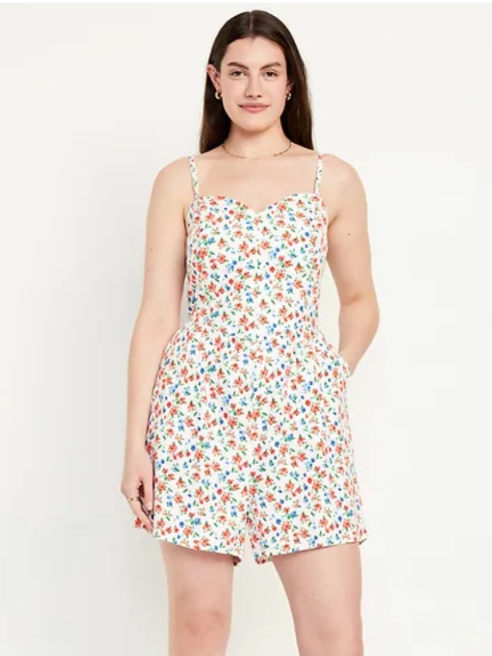 Old Navy Red, White, & Blue Cami Romper Sweetheart Neckline Floral Print